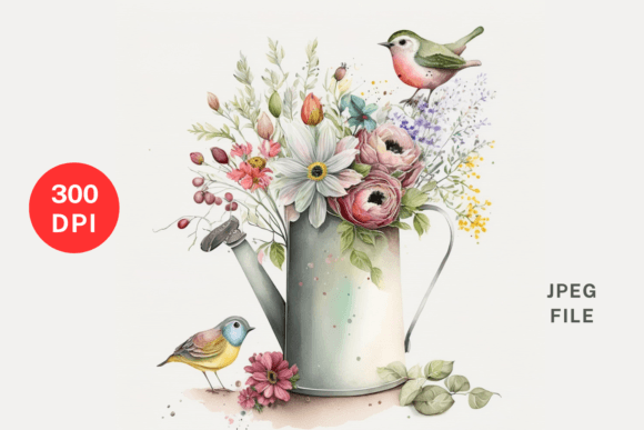 Download Spring Floral Water Can with Bird - Premium Resources
